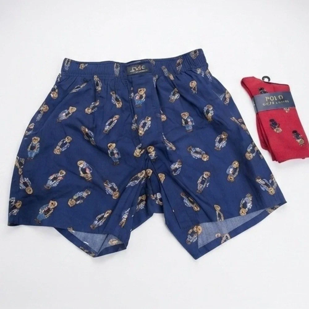 Polo Ralph Lauren Mens Polo Bear Boxer Shorts Navy Blue Western Cowboy & Socks S